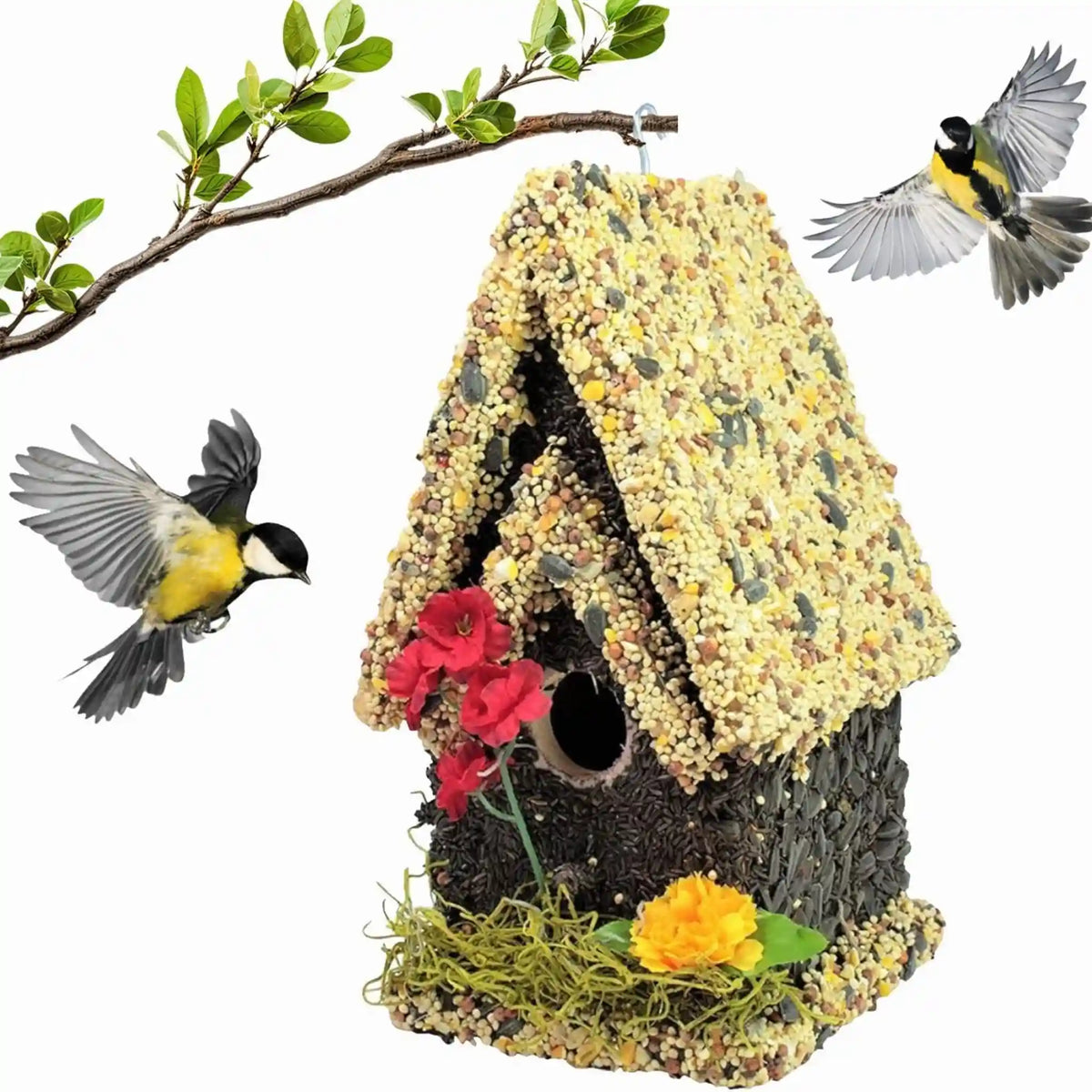 Handmade Edible Birdhouse - Light Roof, Tall Birdhouse Covered in Bird Seeds