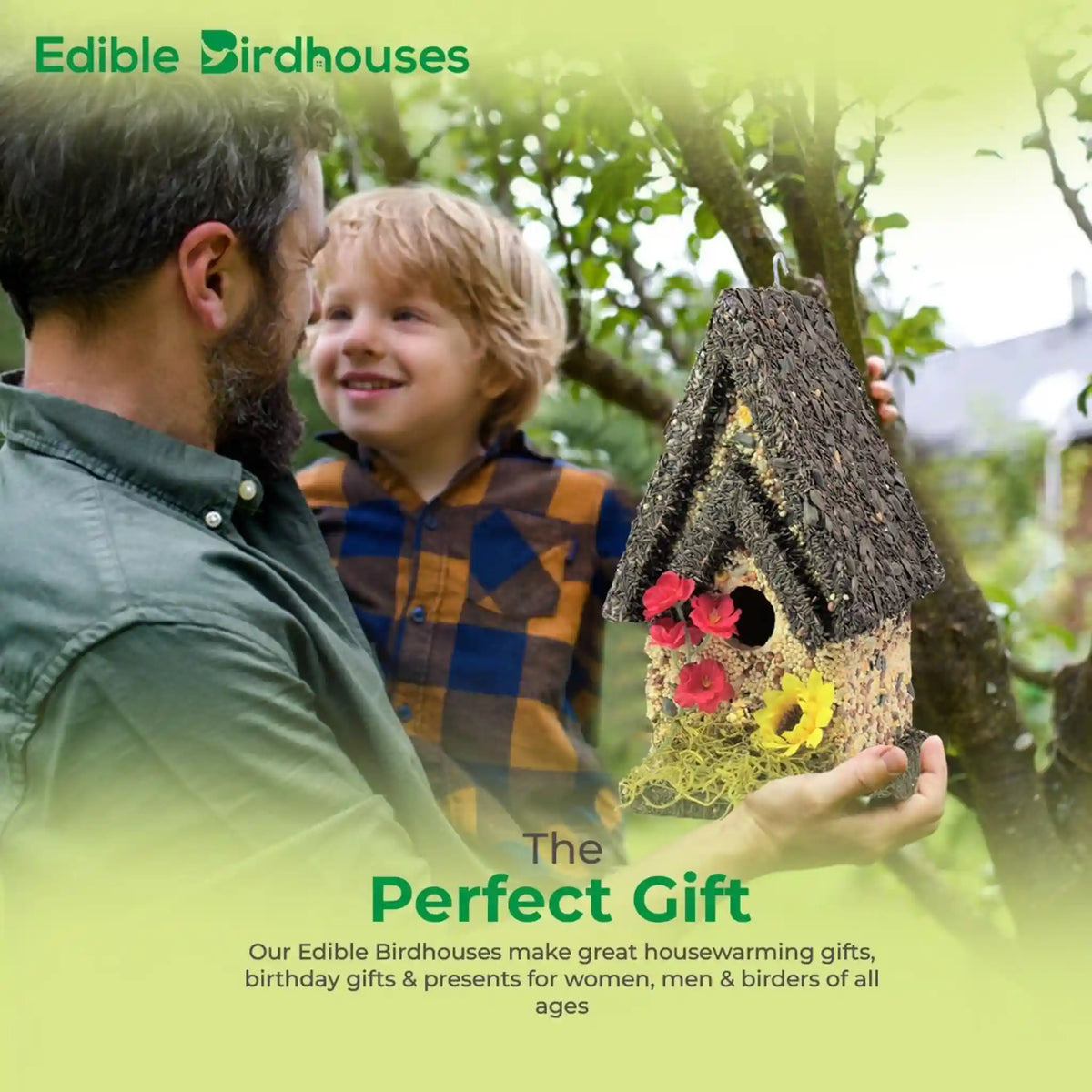 Handmade Edible Birdhouse - Dark Roof, Tall Birdhouse Covered in Bird Seeds