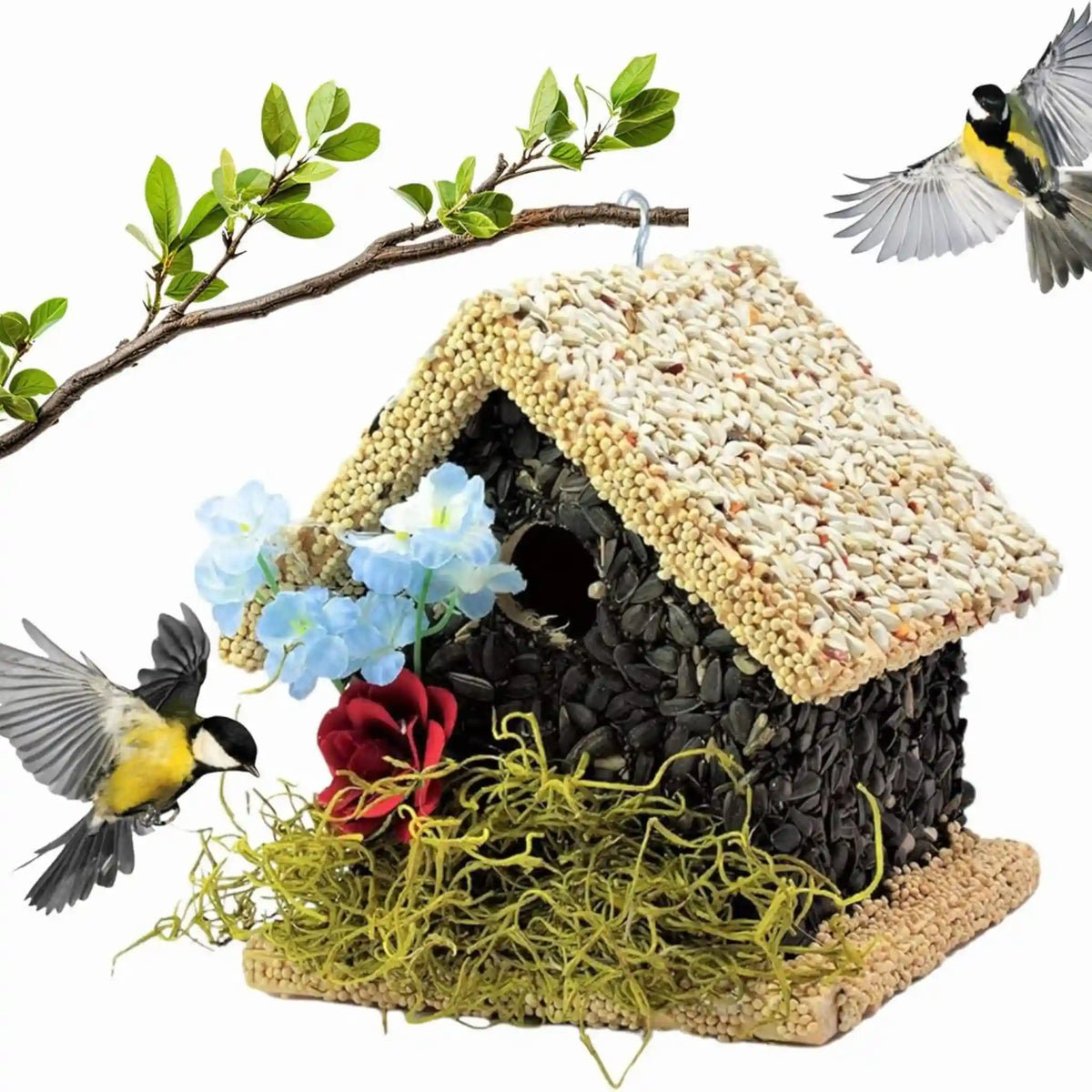 Handmade Edible Birdhouse - Light Roof, Short Birdhouse Covered in Bird Seeds