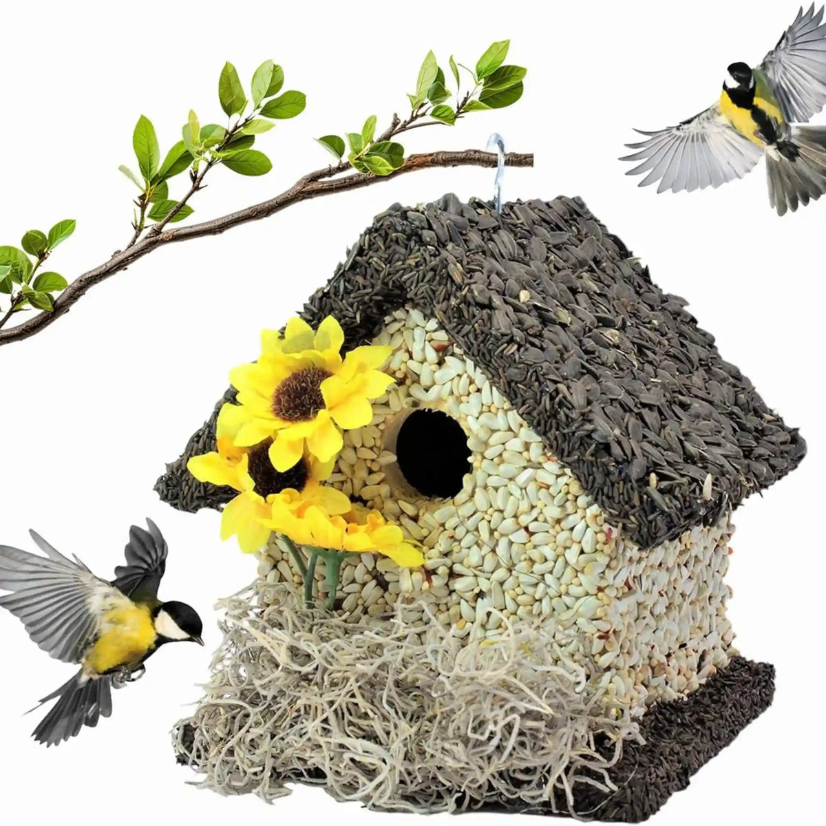 Handmade Edible Birdhouse - Dark Roof, Short Birdhouse Covered in Bird Seeds