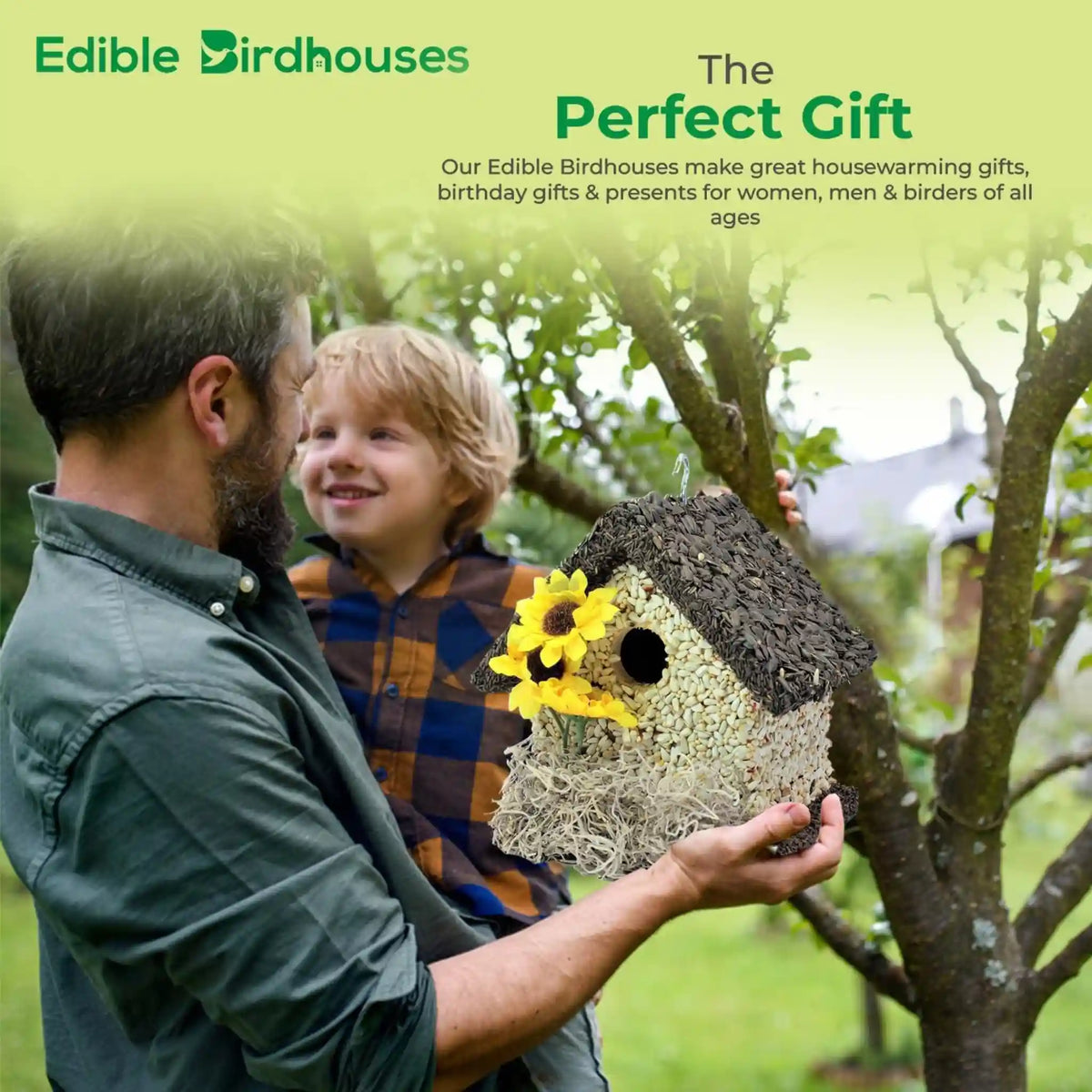 Handmade Edible Birdhouse - Dark Roof, Short Birdhouse Covered in Bird Seeds