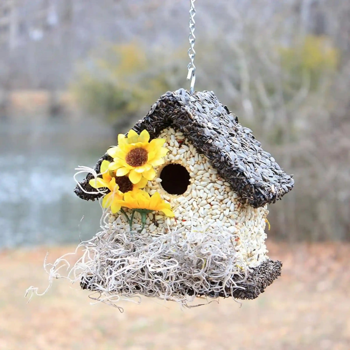 Handmade Edible Birdhouse - Dark Roof, Short Birdhouse Covered in Bird Seeds