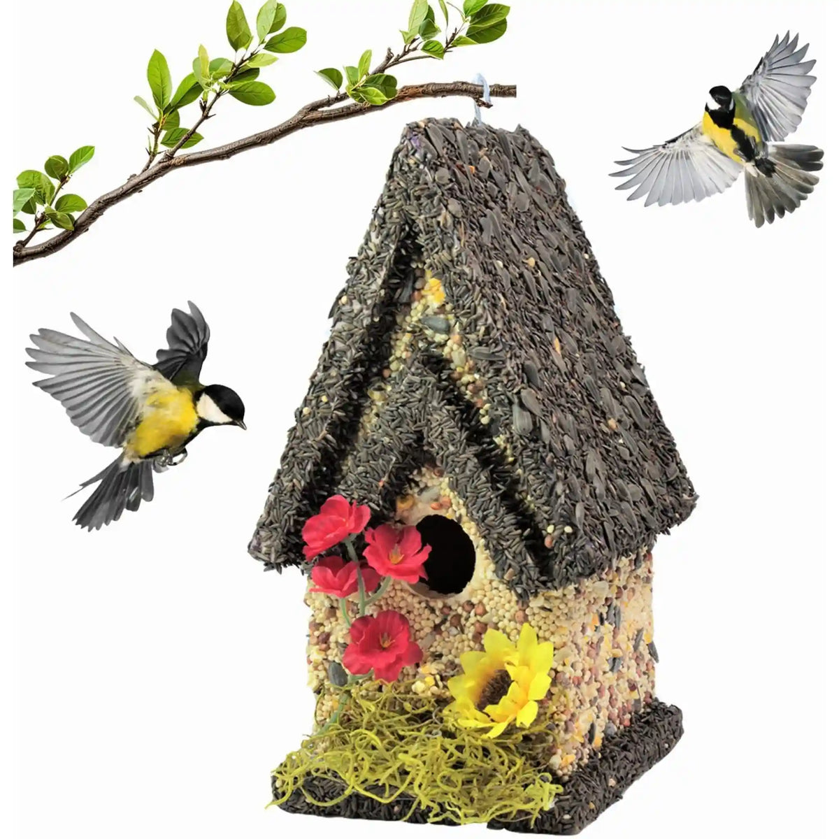 Handmade Edible Birdhouse - Dark Roof, Tall Birdhouse Covered in Bird Seeds