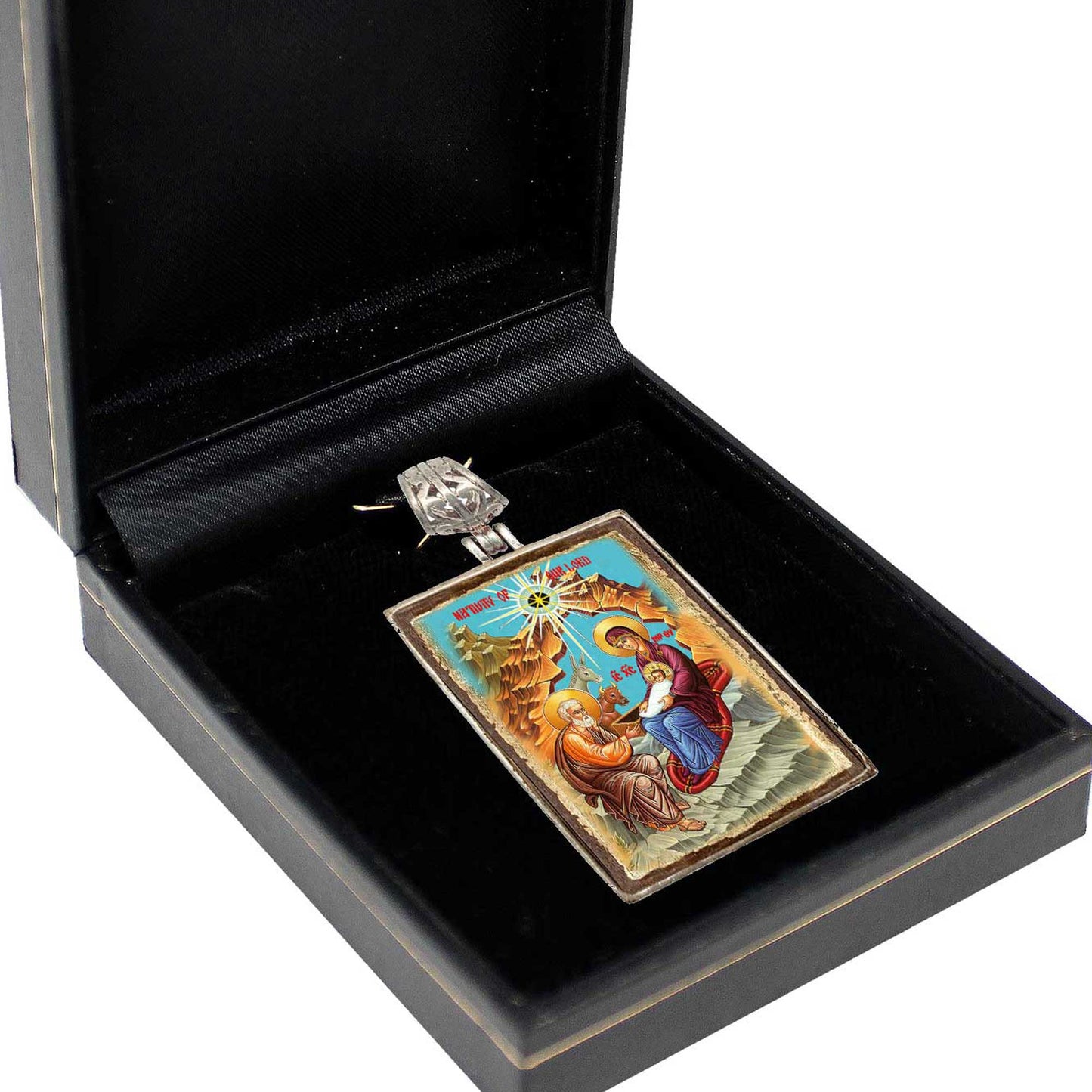 Nativity Silver Plated Necklace, Gold-Plated Wooden Cabochon - Orthodox Sacred Icon