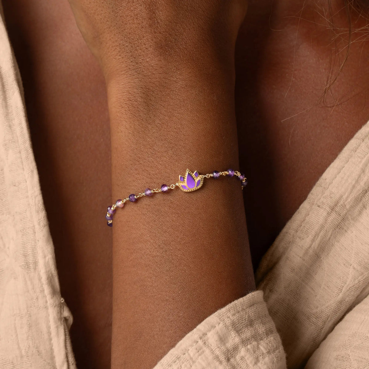 Radiant Calm Amethyst Lotus Gold Bracelet