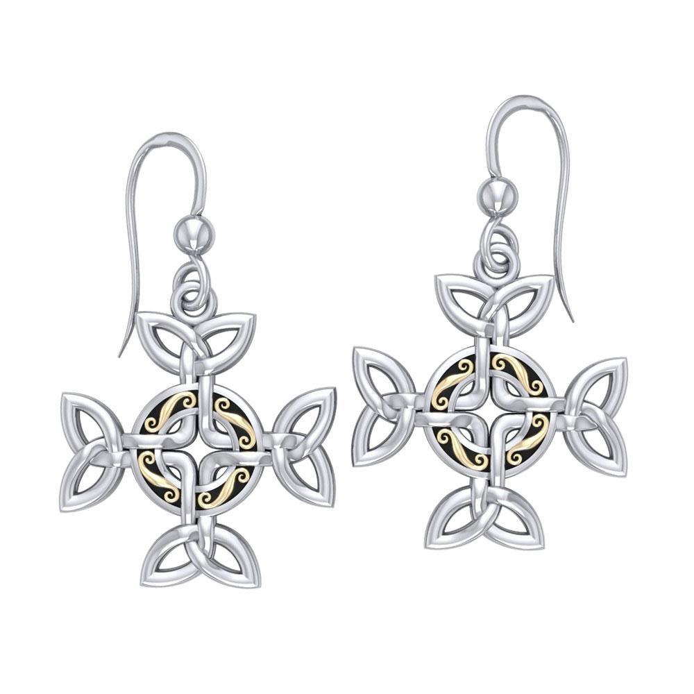 Celtic Knotwork Cross Earrings - Sterling Silver with 18k Gold Accents