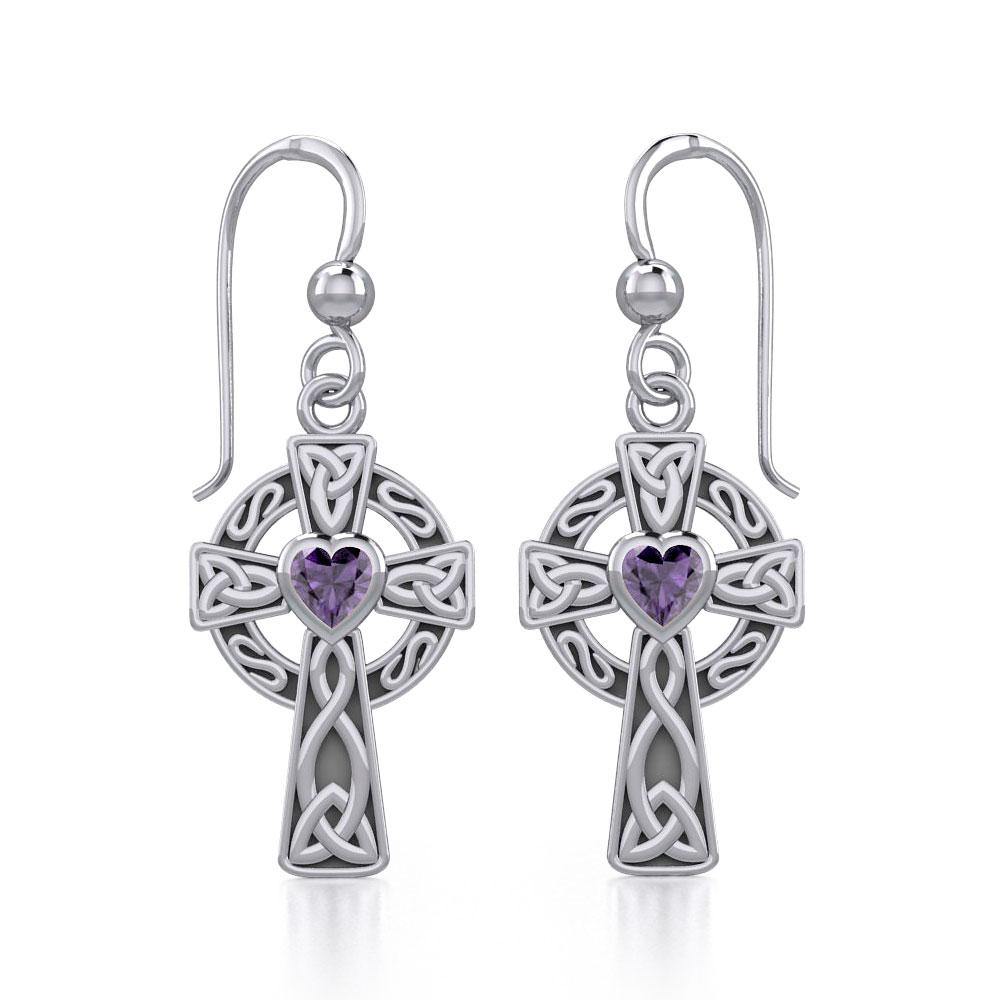 Celtic Cross Earrings with Heart Gemstone - Sterling Silver