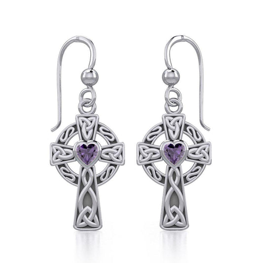 Celtic Cross Earrings with Heart Gemstone - Sterling Silver