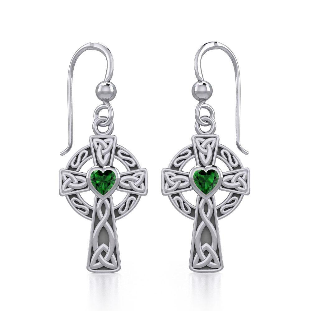 Celtic Cross Earrings with Heart Gemstone - Sterling Silver