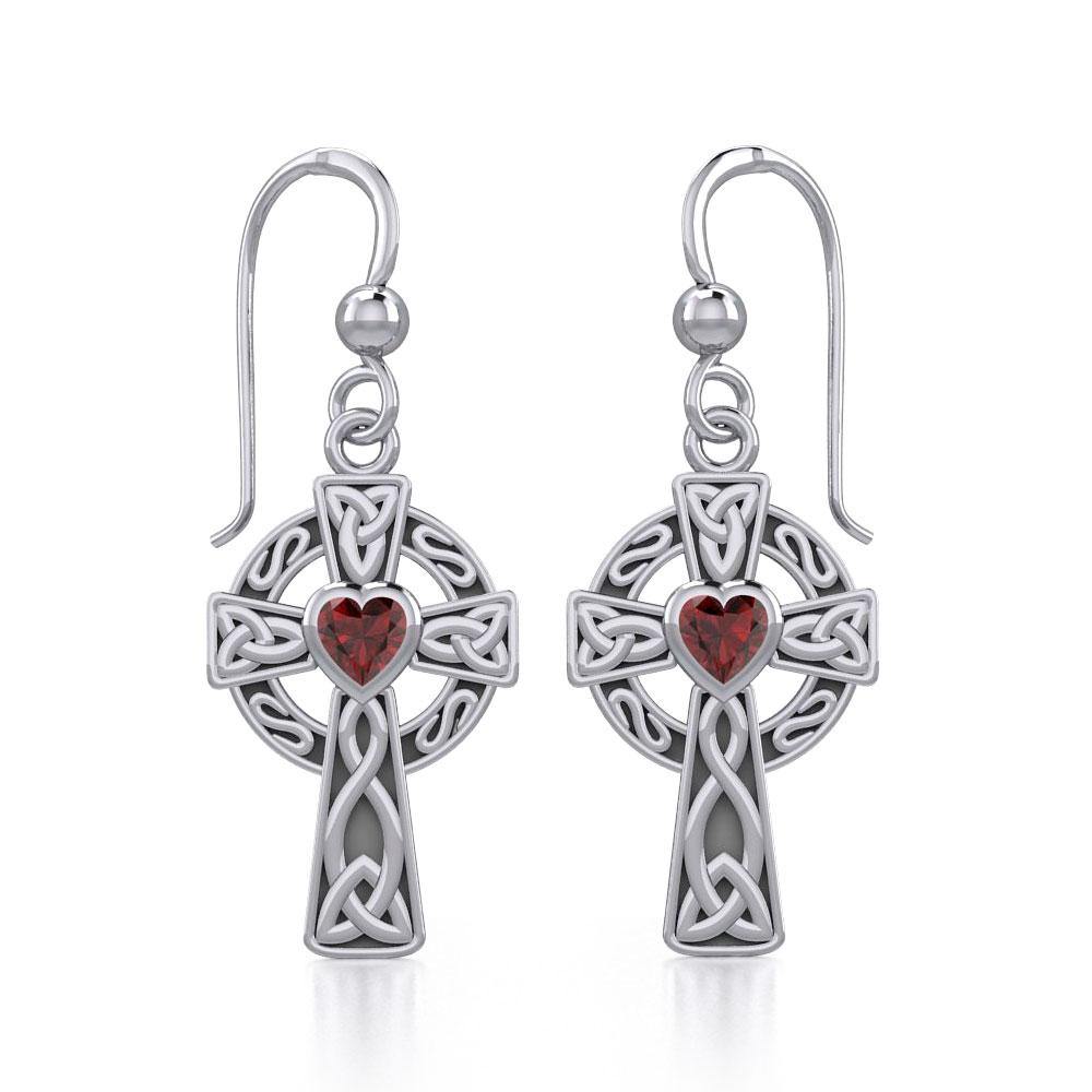 Celtic Cross Earrings with Heart Gemstone - Sterling Silver