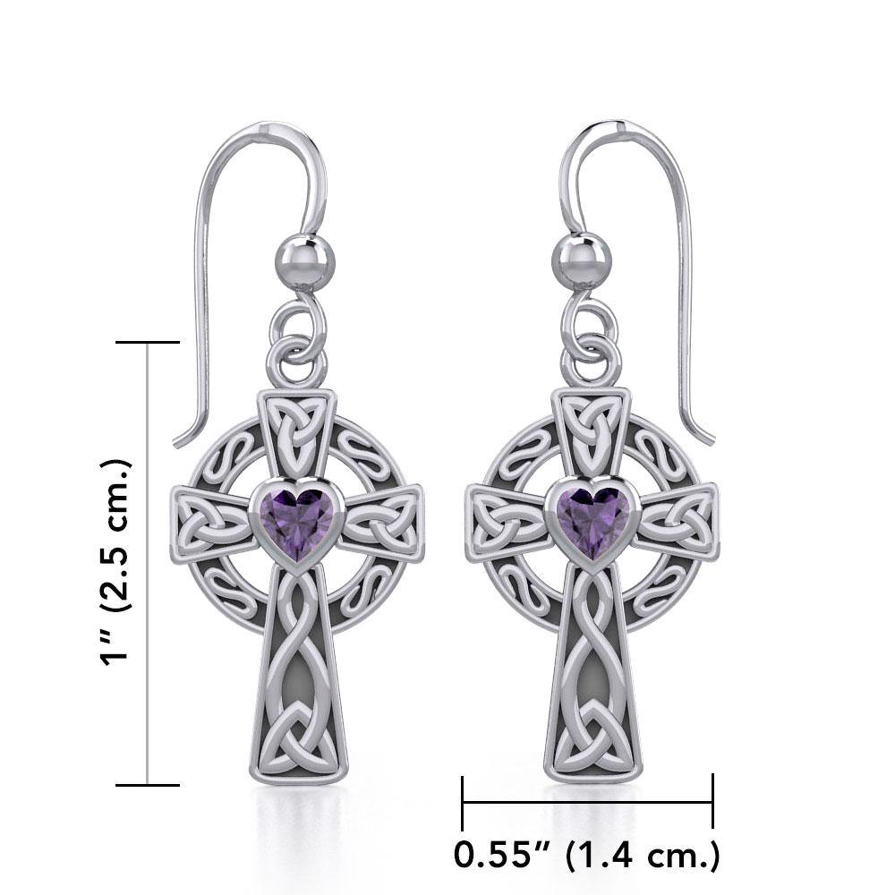 Celtic Cross Earrings with Heart Gemstone - Sterling Silver