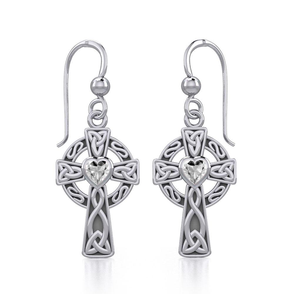Celtic Cross Earrings with Heart Gemstone - Sterling Silver