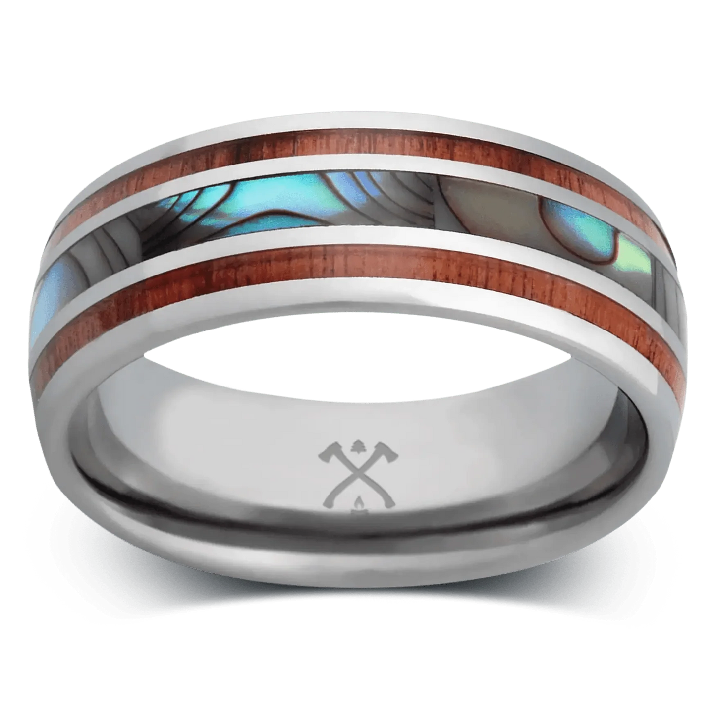 The Angler - Men's Ring / Wedding Band - Tungsten with Abalone Shell and Koa Wood