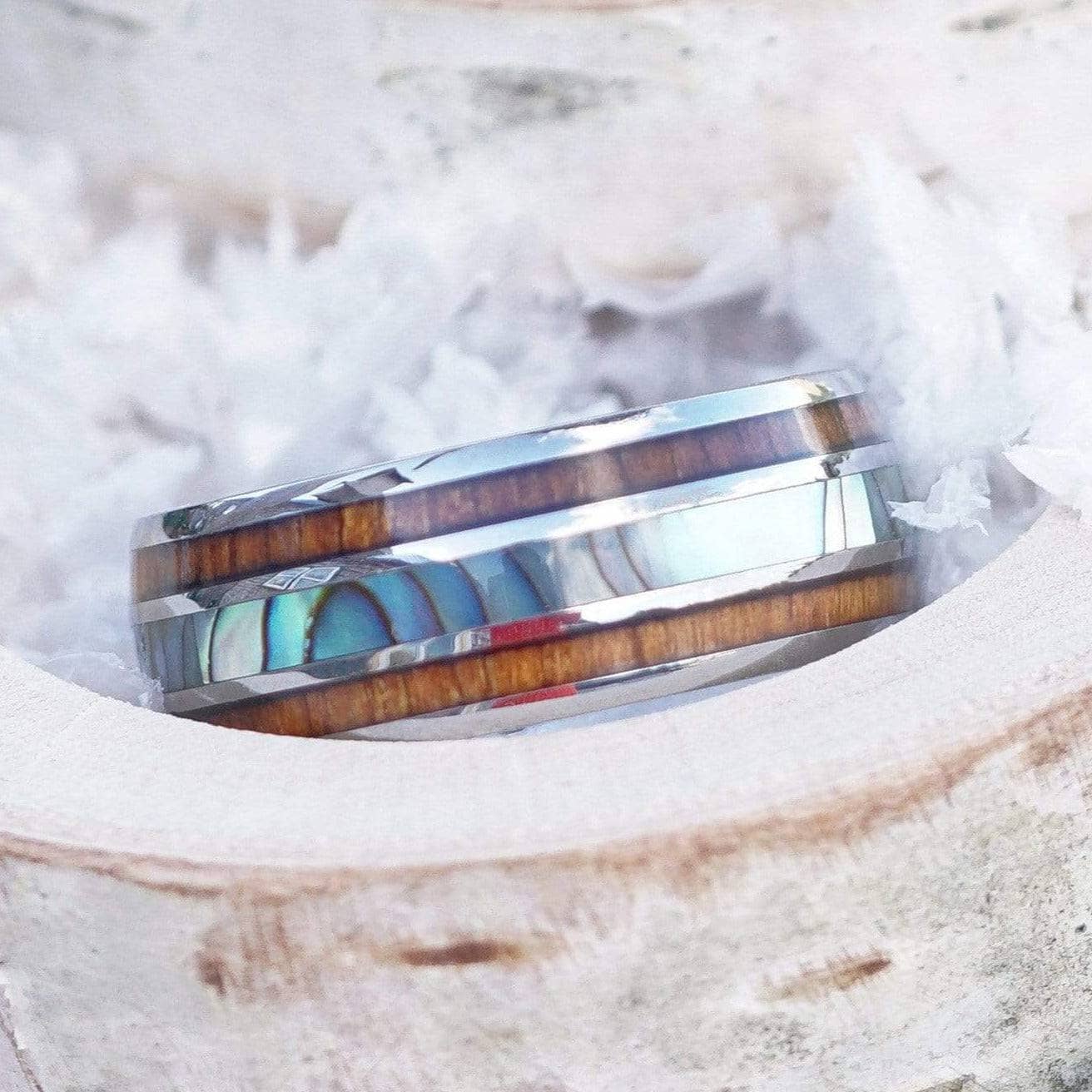 The Angler - Men's Ring / Wedding Band - Tungsten with Abalone Shell and Koa Wood