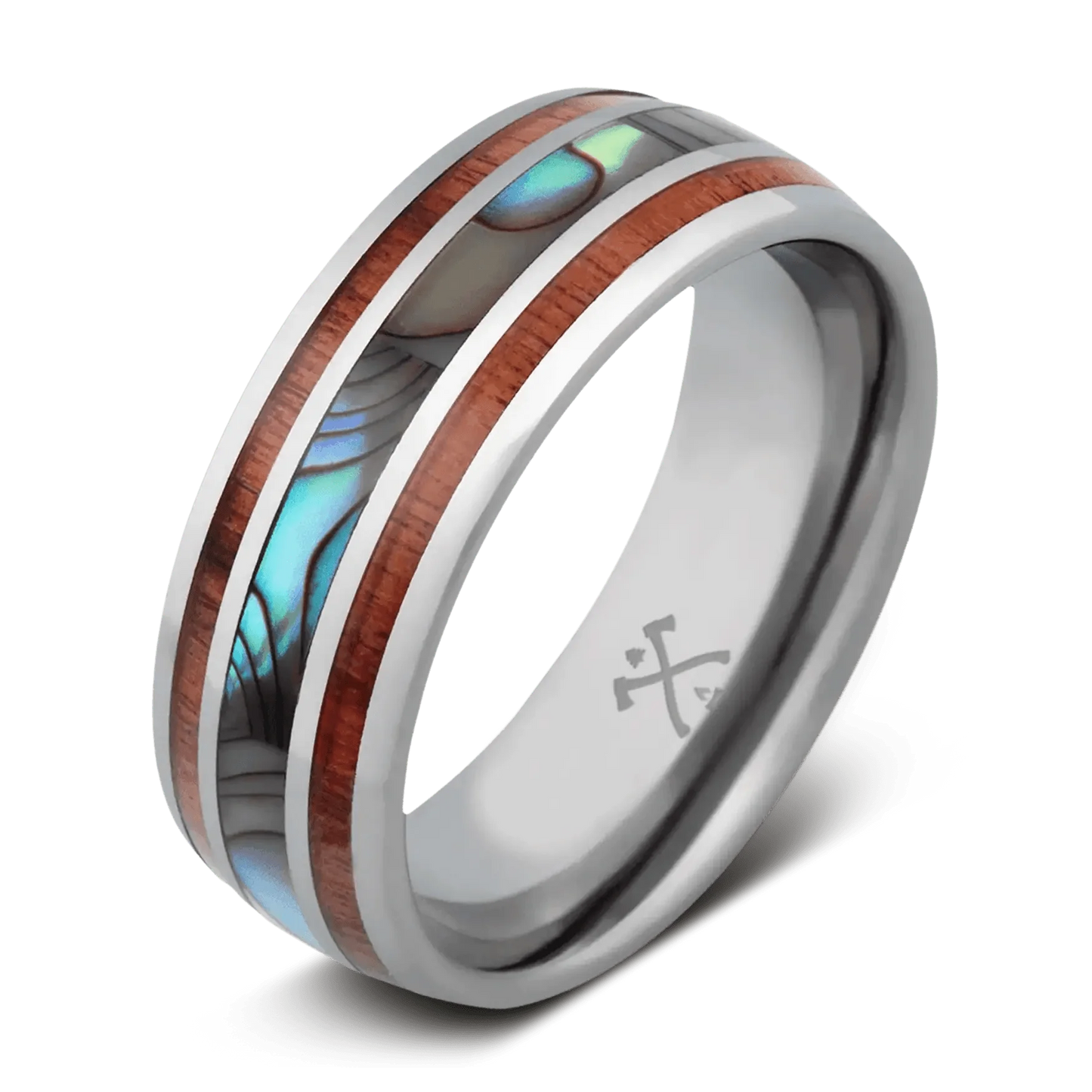 The Angler - Men's Ring / Wedding Band - Tungsten with Abalone Shell and Koa Wood