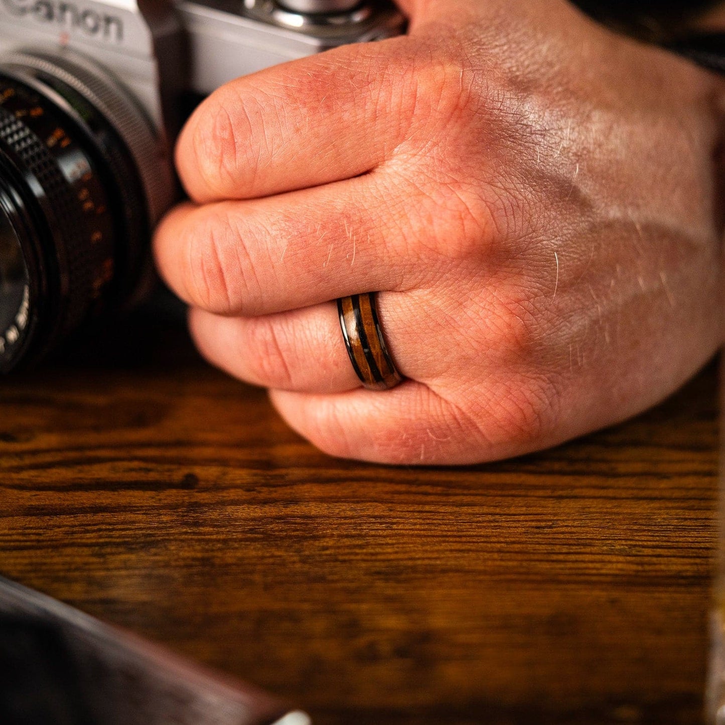 The Badger - Men's Ring / Wedding Band - Black Plated Tungsten with Double Oak Wood Inlays