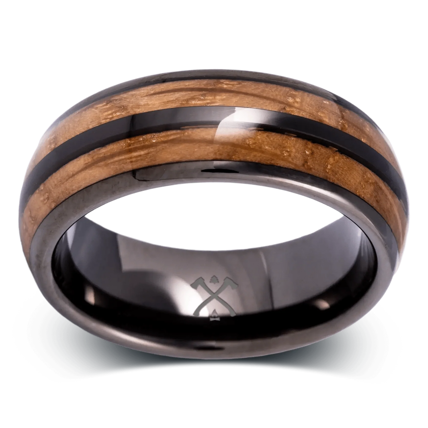 The Badger - Men's Ring / Wedding Band - Black Plated Tungsten with Double Oak Wood Inlays