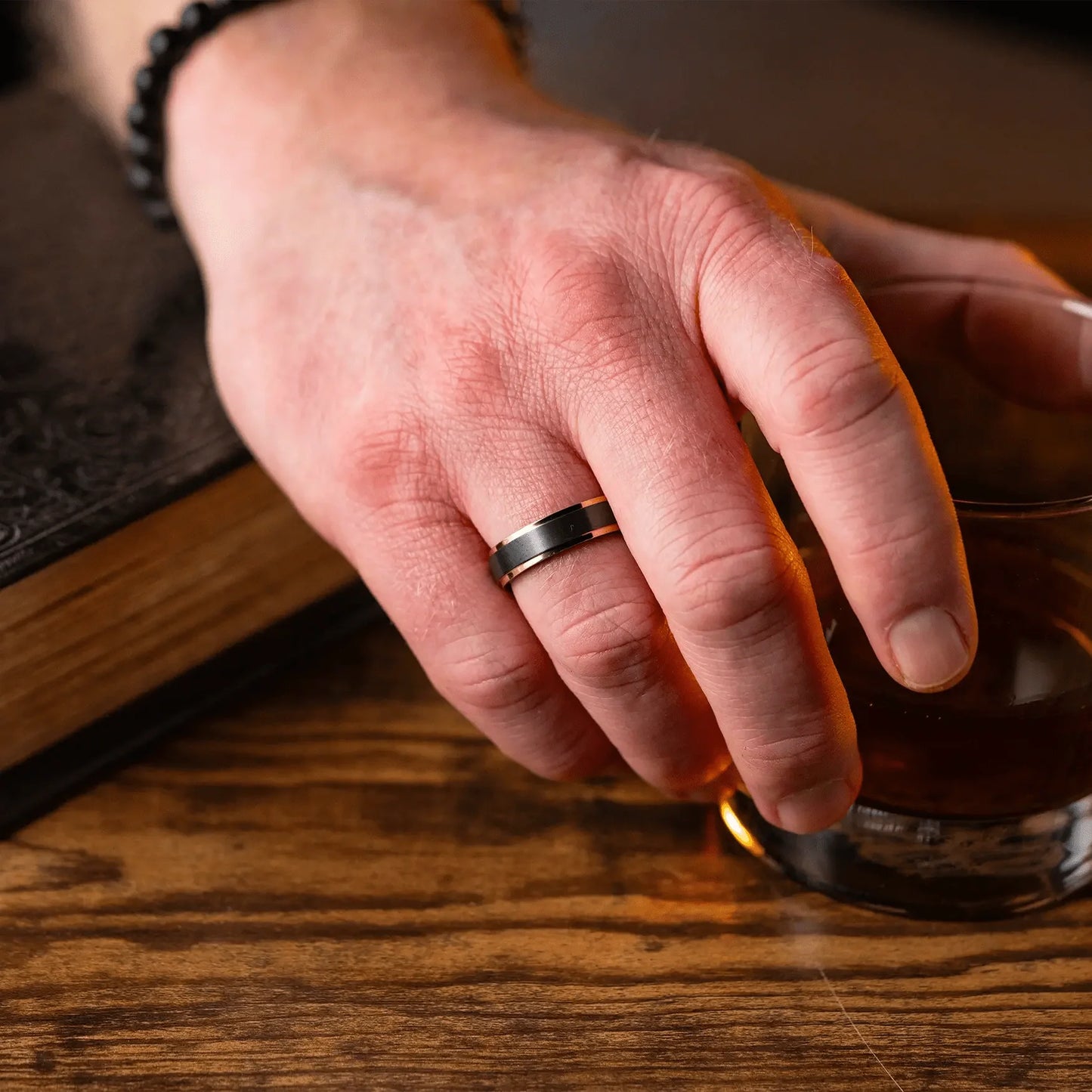 The Fitzgerald - Men's Ring / Wedding Band - Charcoal Gray Zirconium with Rose Gold