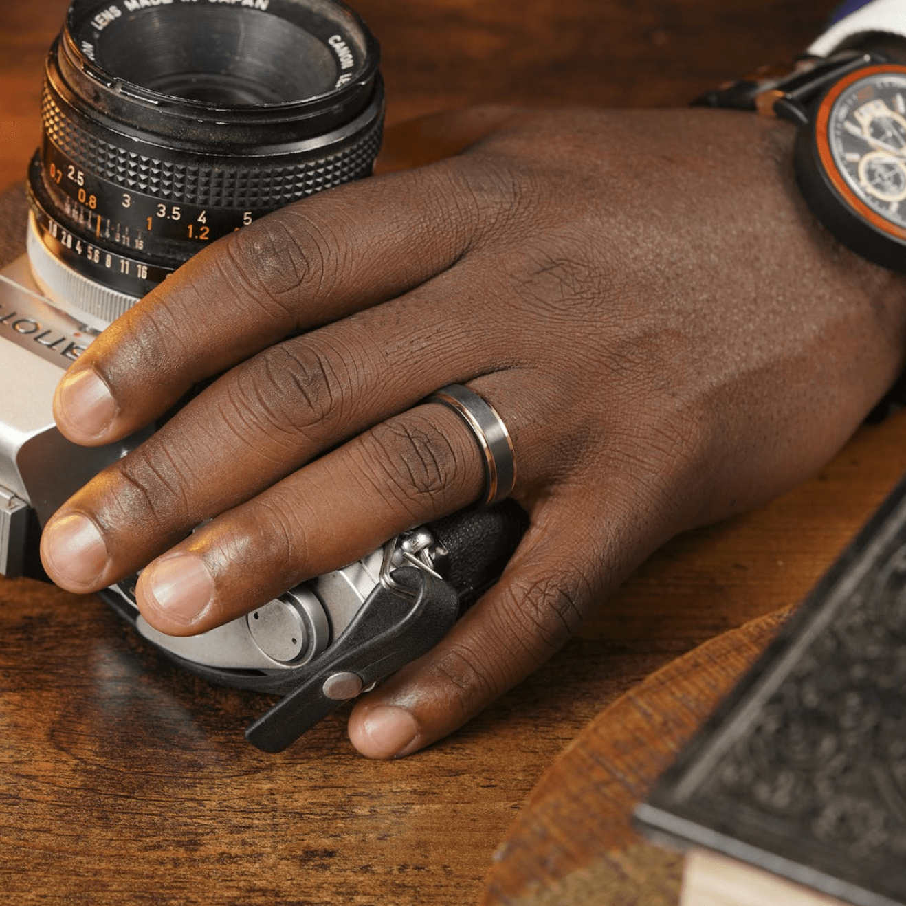 The Fitzgerald - Men's Ring / Wedding Band - Charcoal Gray Zirconium with Rose Gold