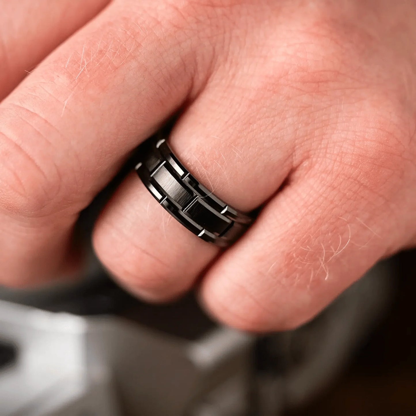The Keep - Black-Plated Tungsten with Brick Design