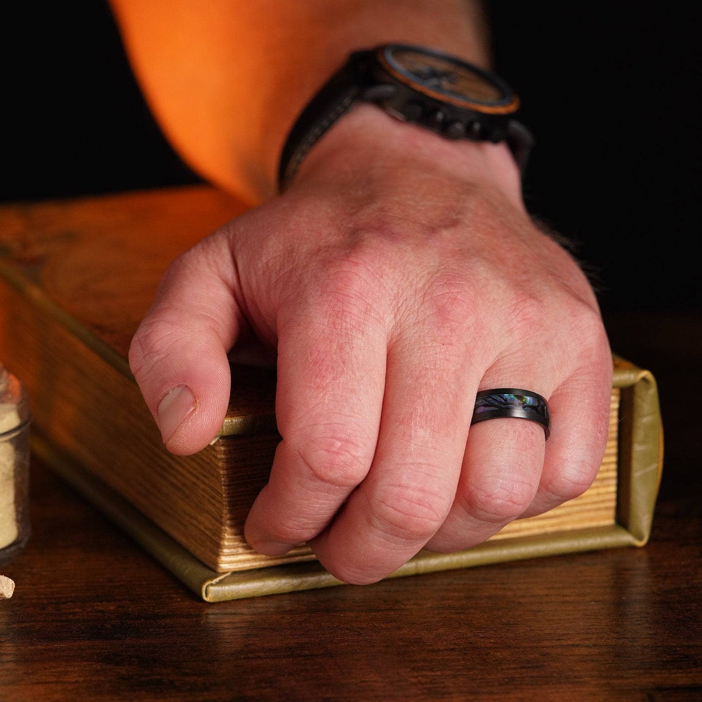 The Mariner - Men's Ring / Wedding Band - Black Zirconium with Abalone Shell