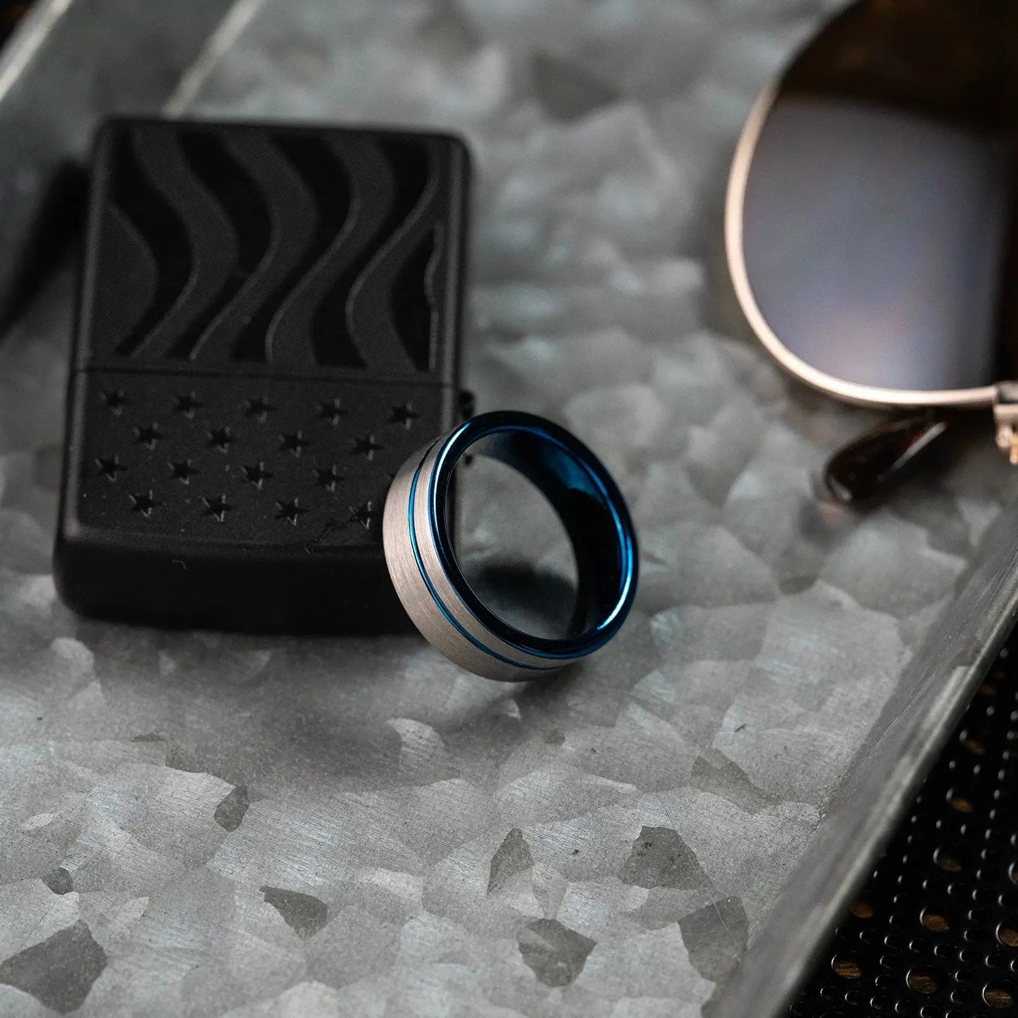 The Peacekeeper - Men's Ring / Wedding Band - Tungsten with Blue Plated Inlay and Interior