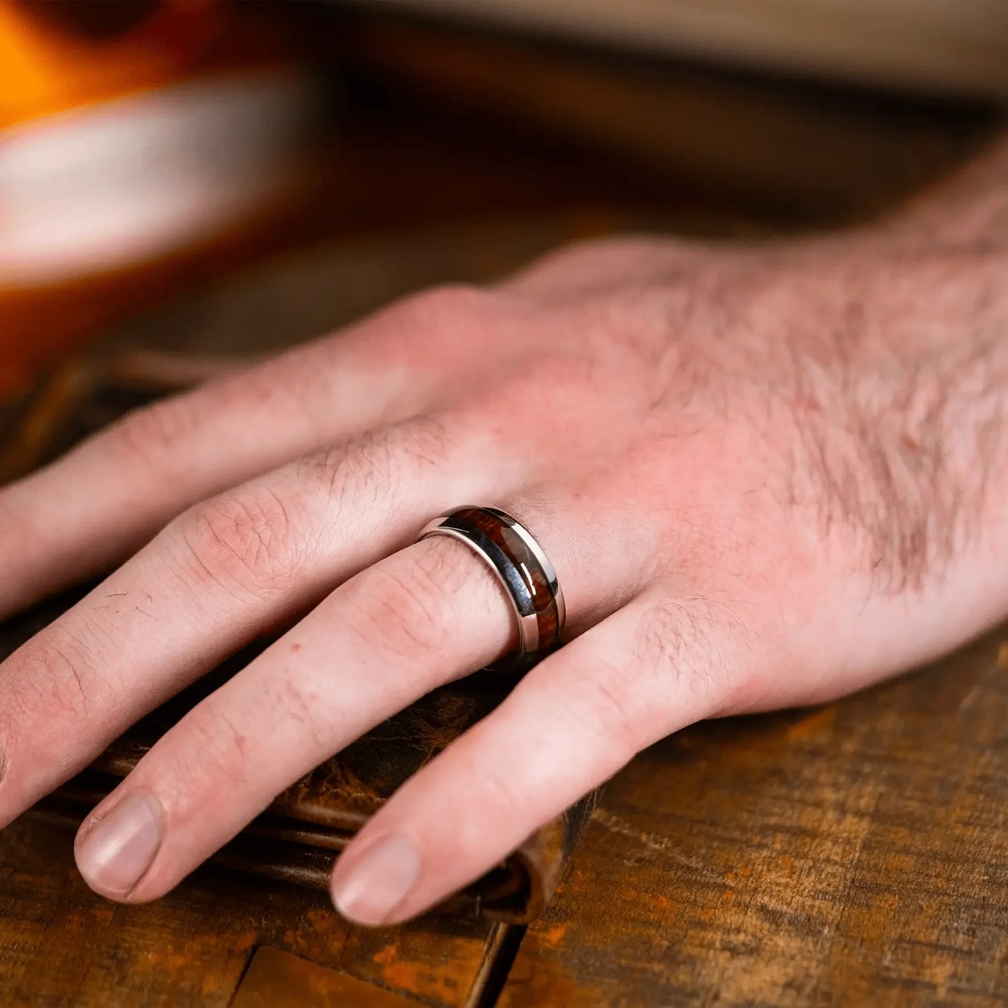 The Rancher - Men's Ring / Wedding Band - Platinum Plated Tungsten with Koa Wood