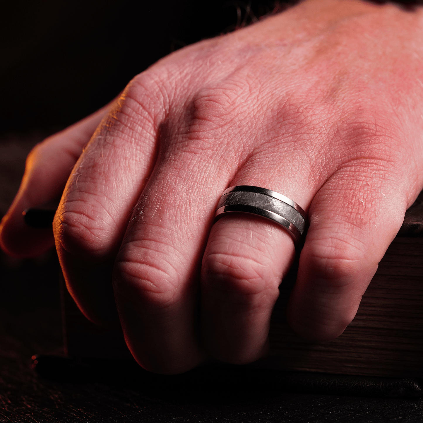 The Rocketeer - Men's Ring / Wedding Band - Titanium with Meteorite Inlay