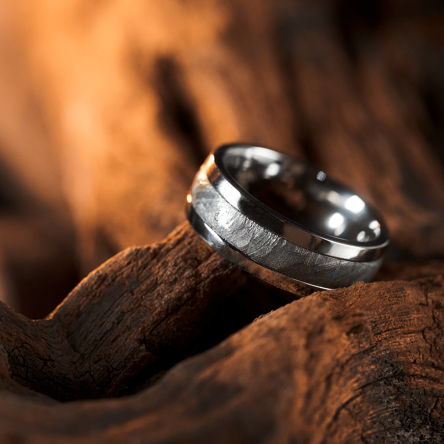 The Rocketeer - Men's Ring / Wedding Band - Titanium with Meteorite Inlay