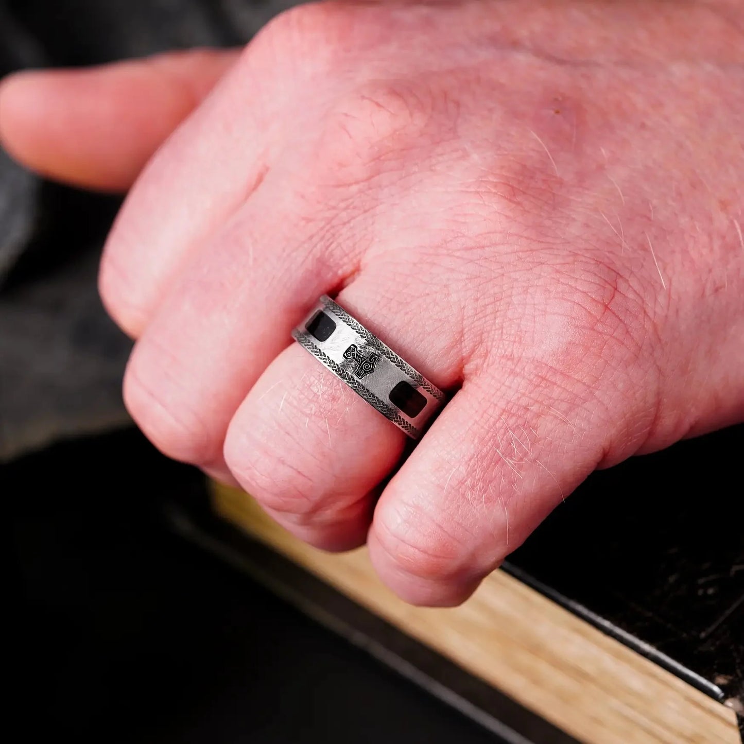 The Thor - Men's Ring / Wedding Band - Titanium with Leather Inlay and Etched Thor's Hammer