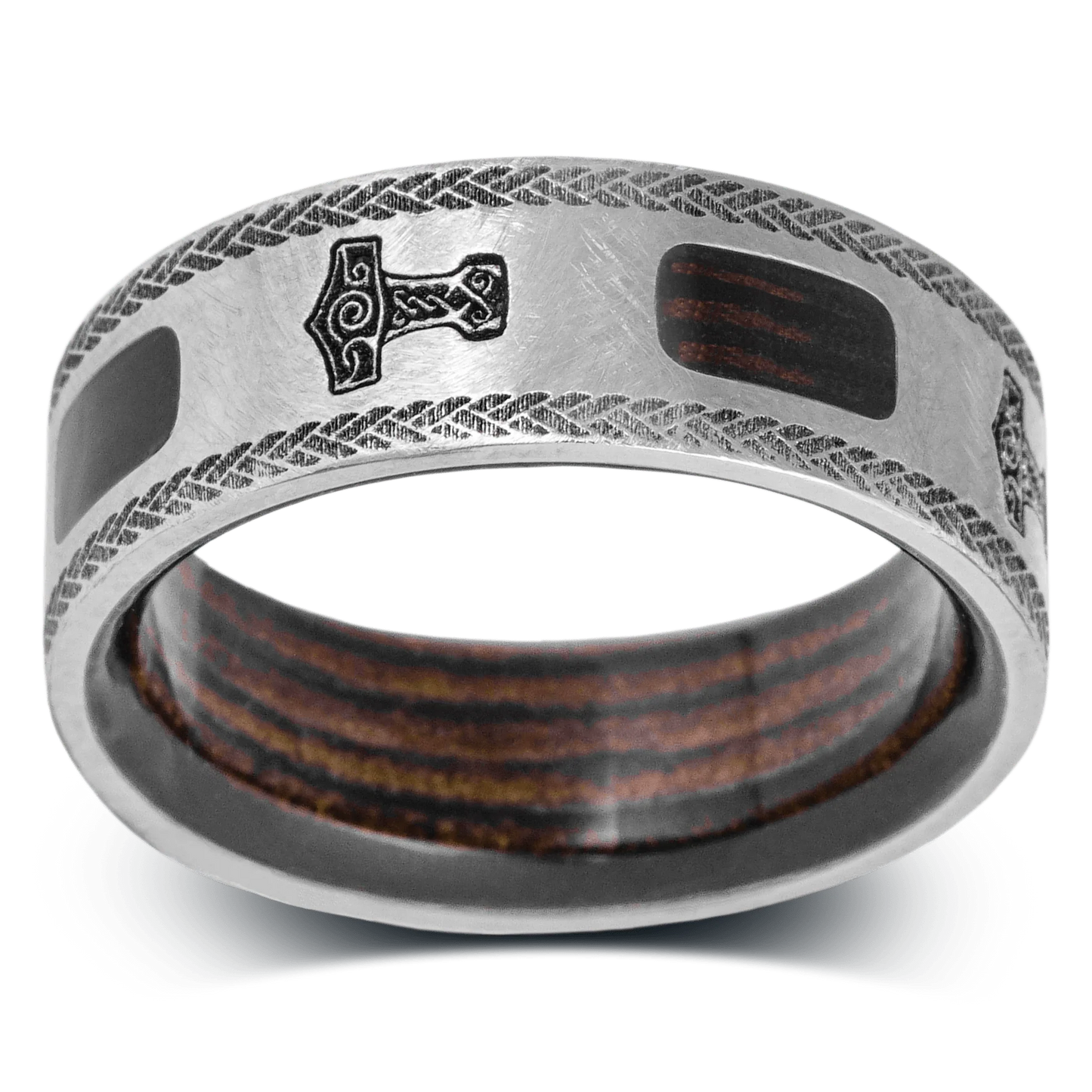 The Thor - Men's Ring / Wedding Band - Titanium with Leather Inlay and Etched Thor's Hammer