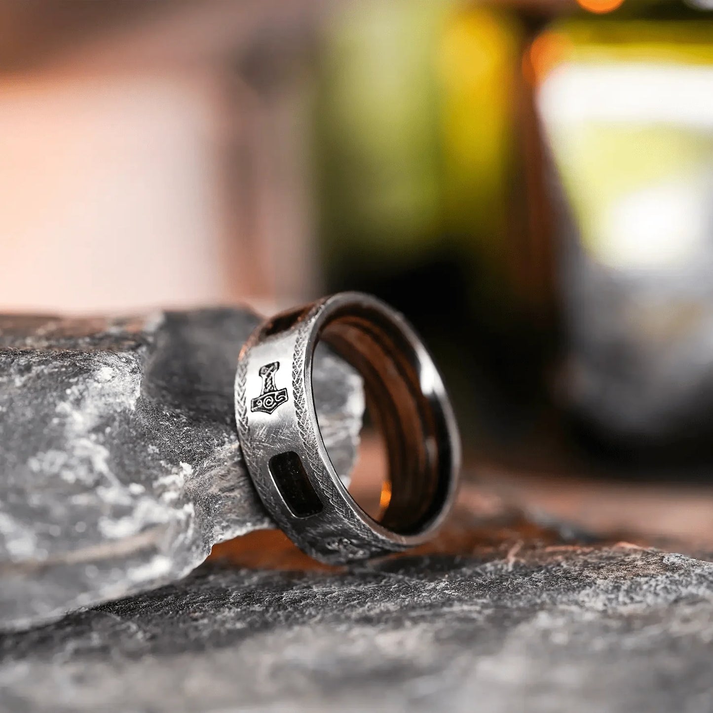 The Thor - Men's Ring / Wedding Band - Titanium with Leather Inlay and Etched Thor's Hammer