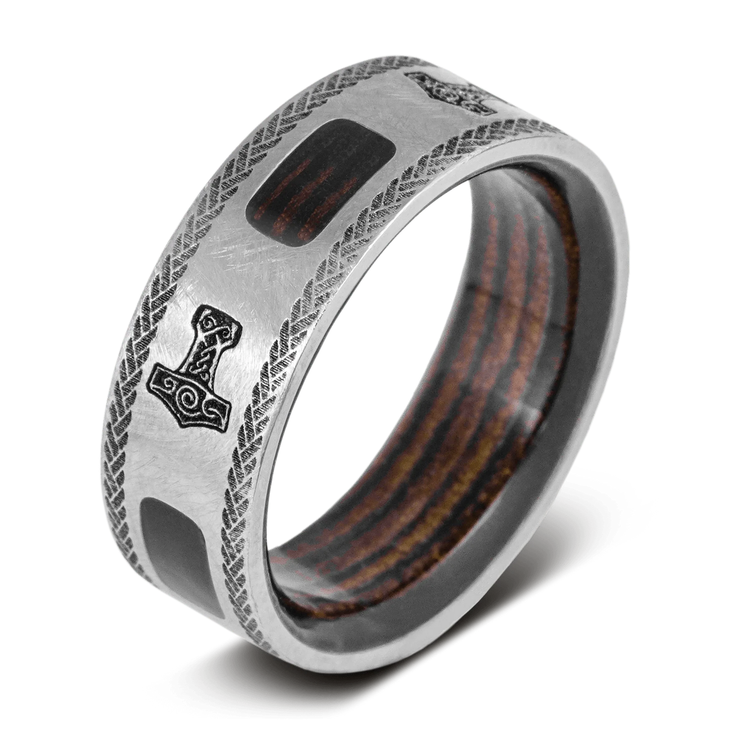 The Thor - Men's Ring / Wedding Band - Titanium with Leather Inlay and Etched Thor's Hammer