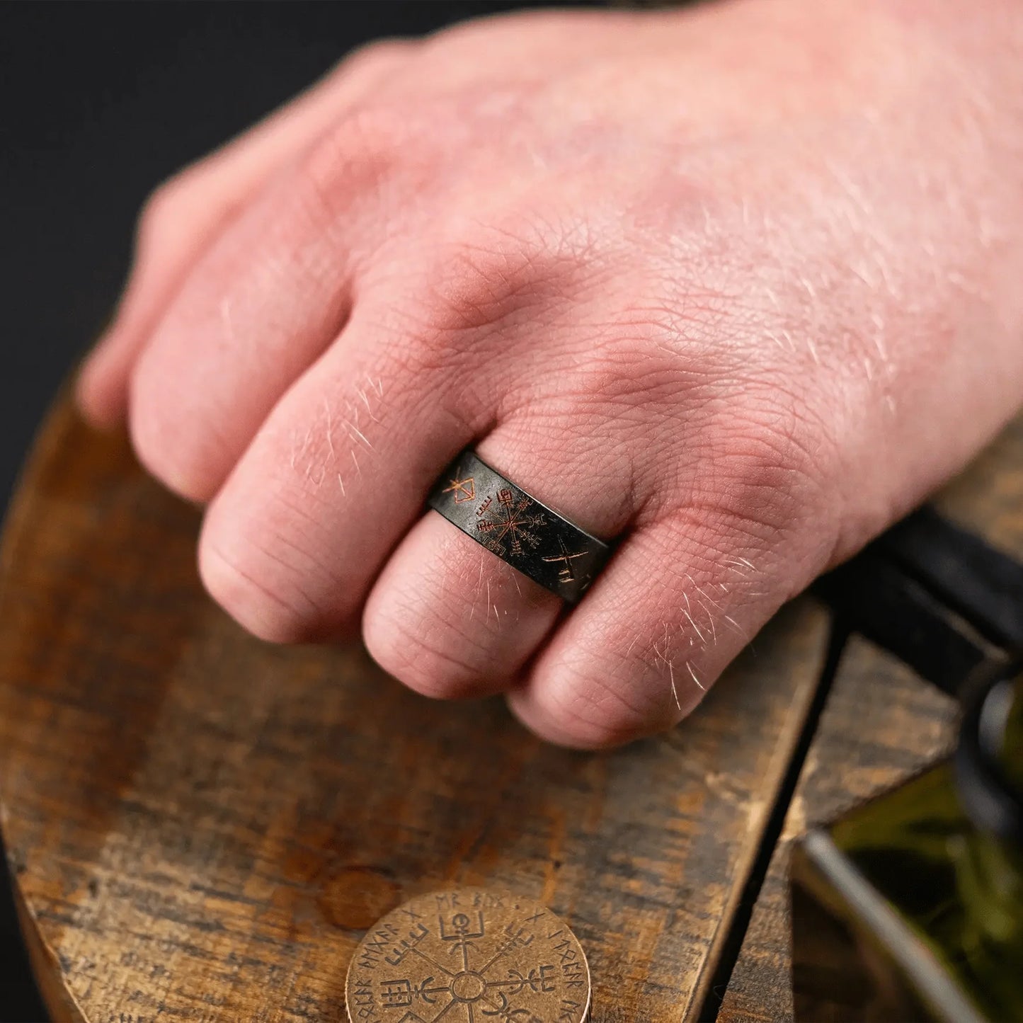 The Wayfinder - Men's Ring / Wedding Band - Black Zirconium with Etched Viking Runes and Compass