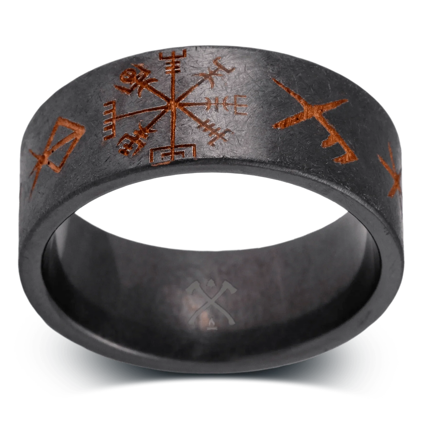 The Wayfinder - Men's Ring / Wedding Band - Black Zirconium with Etched Viking Runes and Compass