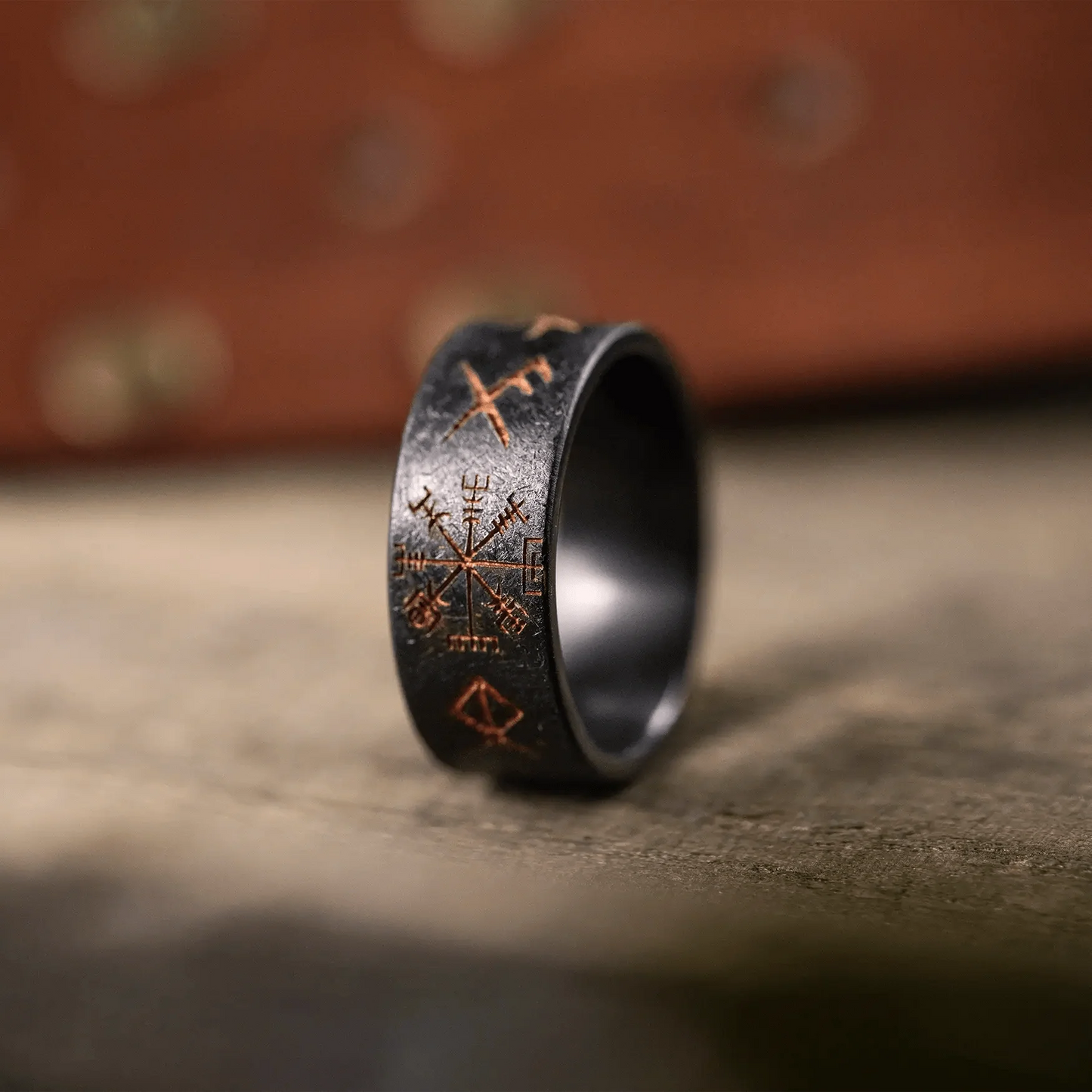 The Wayfinder - Men's Ring / Wedding Band - Black Zirconium with Etched Viking Runes and Compass
