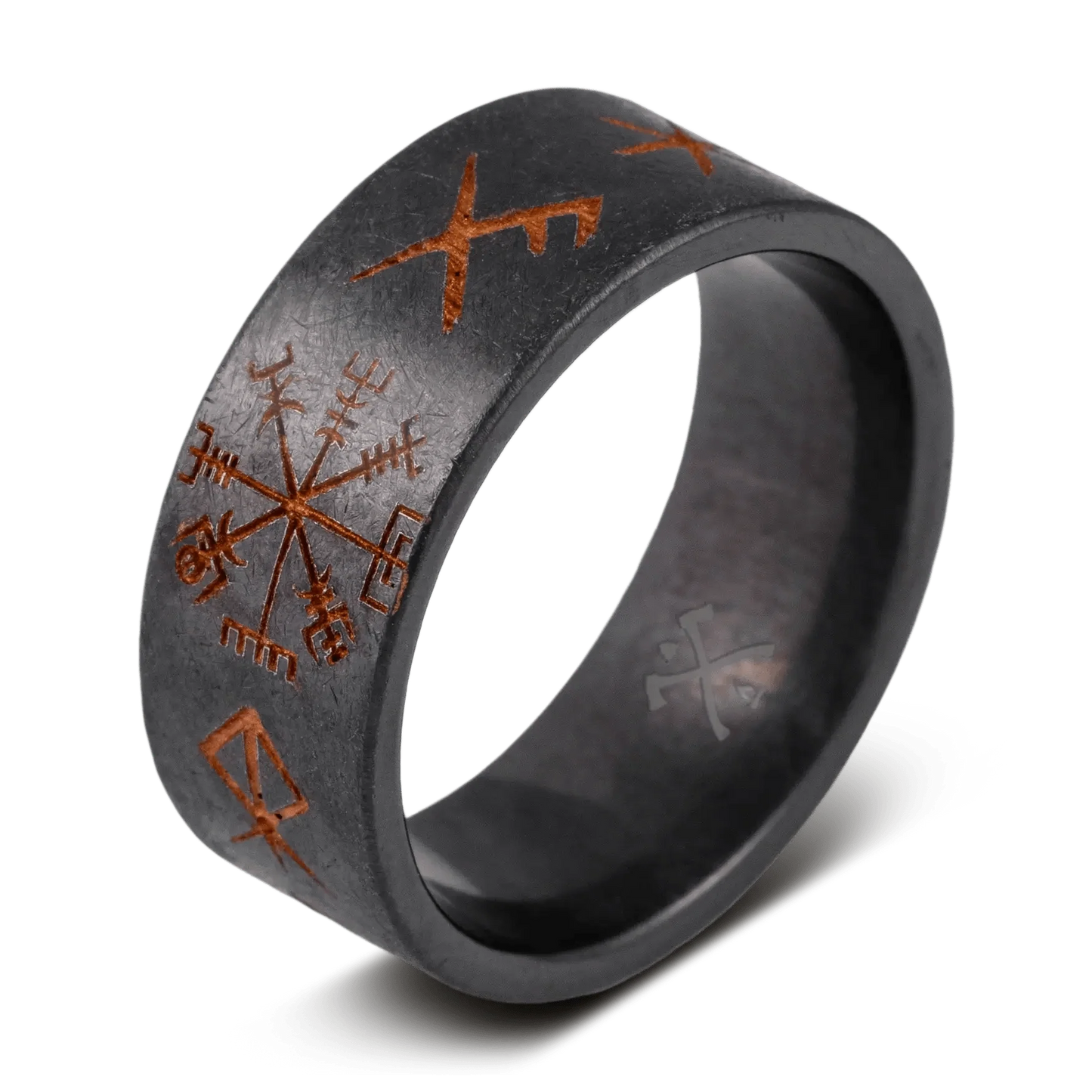The Wayfinder - Men's Ring / Wedding Band - Black Zirconium with Etched Viking Runes and Compass