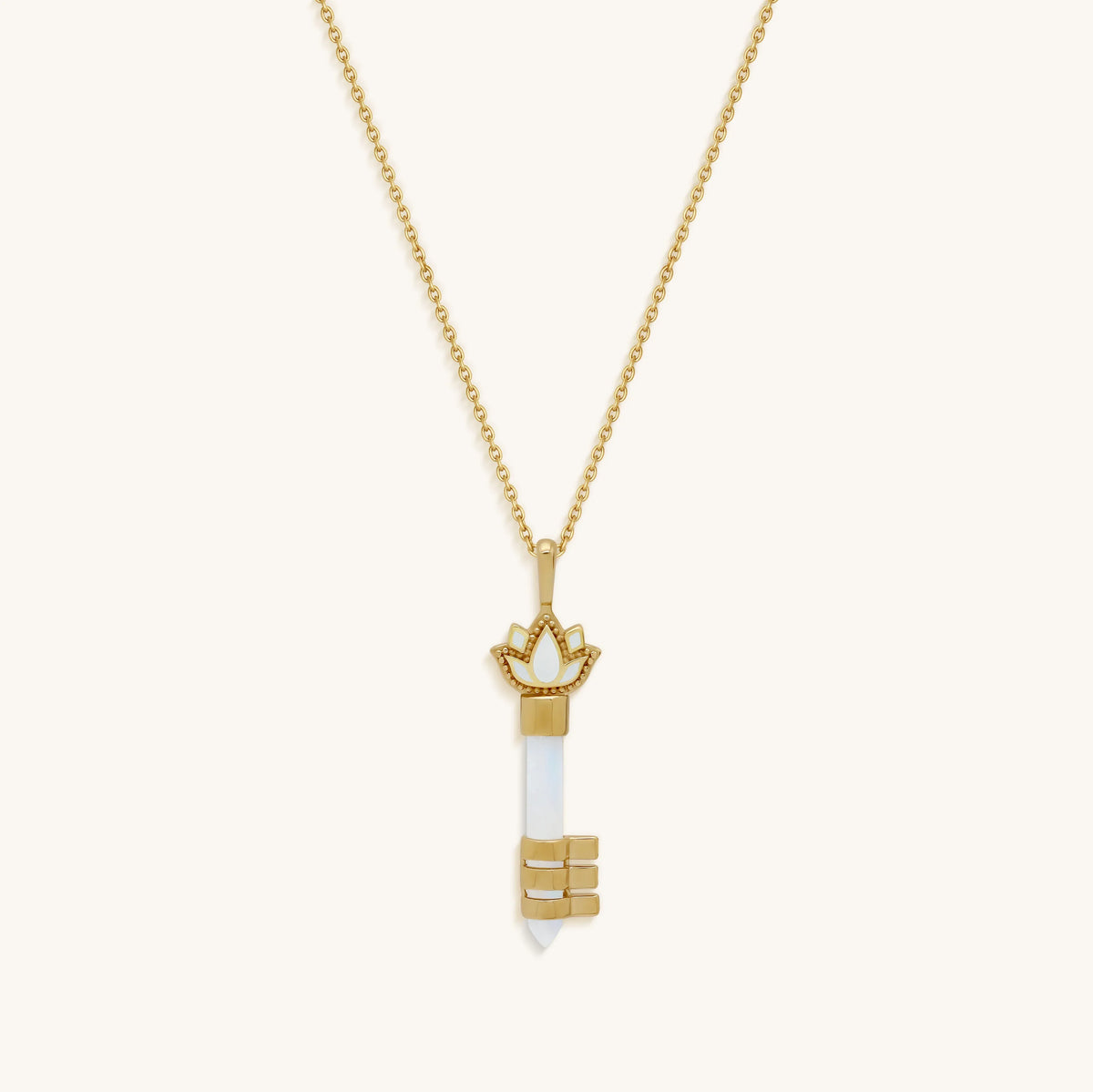 Spiritual Awakening Rainbow Moonstone Key & Lotus Gold Necklace