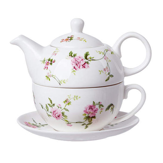 English Roses in Bloom - Tea for One - Teapot with Cup & Saucer (Porcelain)