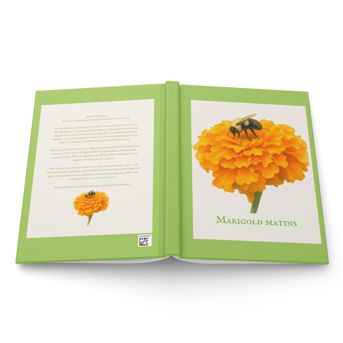 Marigold Matins — Hardcover Nature Journal | Pollinator Garden Art | Bumblebee Marigold Gift