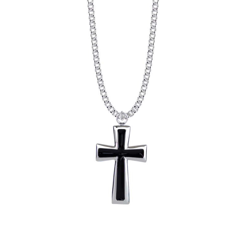 Sterling Silver Black Enameled Cross Necklace | Flared Ends | Men’s Faith Jewelry | Catholic Gift | Confirmation Gift