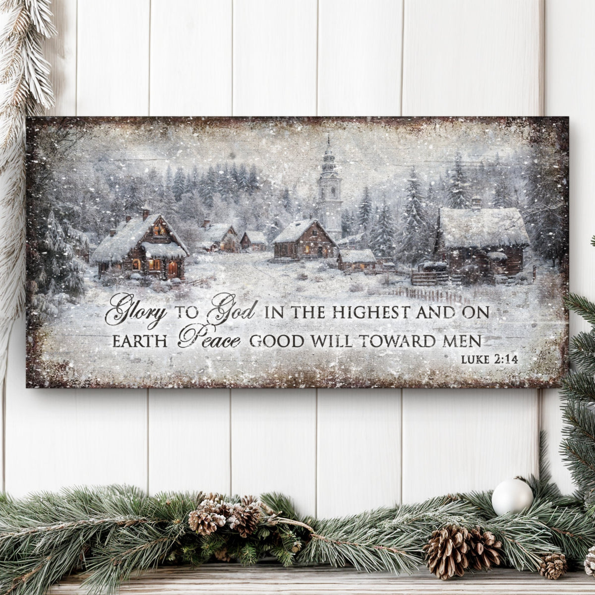 Vintage Christmas Village Wall Art - And on Earth, Peace, Good Will Toward Men - Luke 2:14
