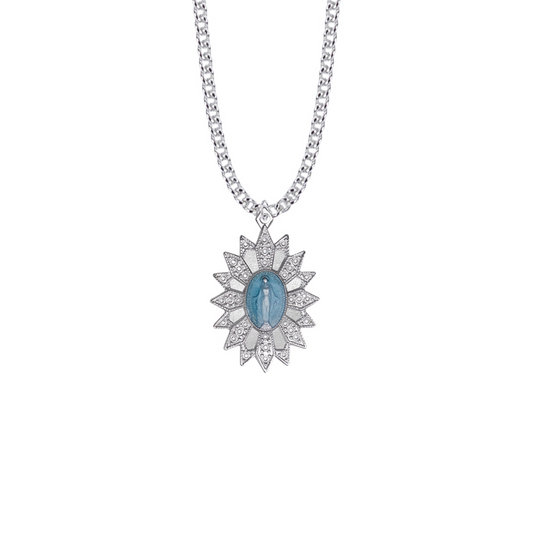 Miraculous Medal of Mary - Sterling Silver with Bright Blue Enameled Starburst Filigree