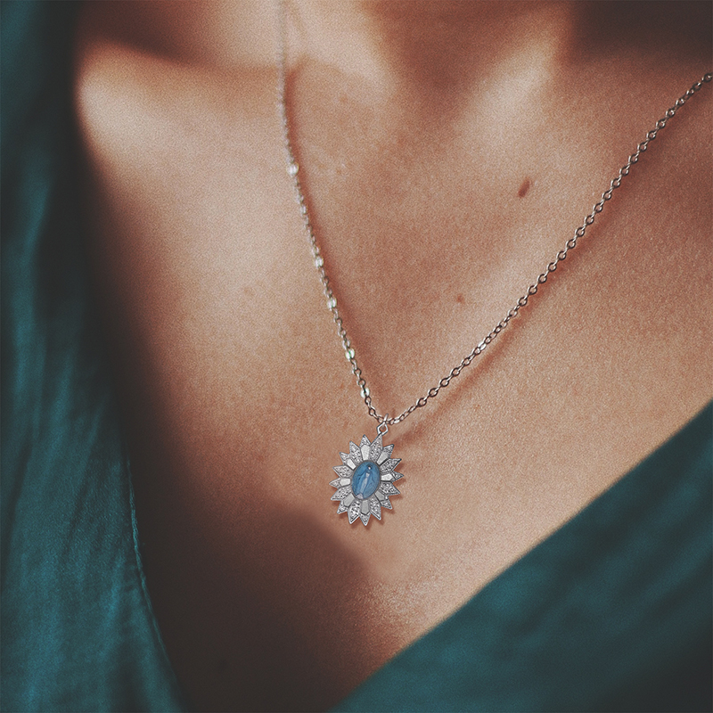 Miraculous Medal of Mary - Sterling Silver with Bright Blue Enameled Starburst Filigree