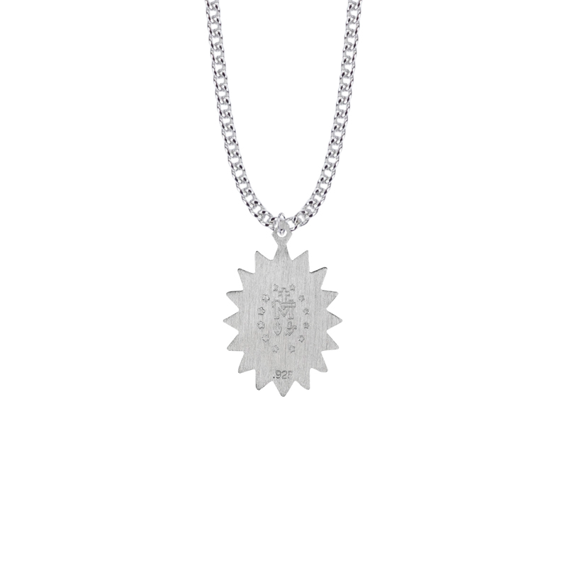 Miraculous Medal of Mary - Sterling Silver with Bright Blue Enameled Starburst Filigree