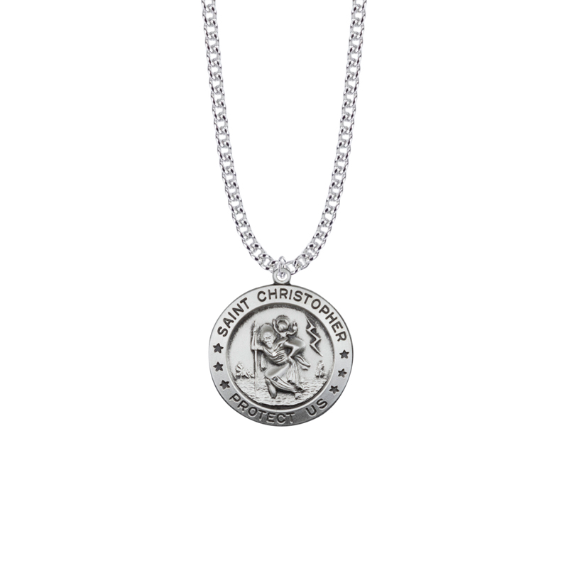 Saint Christopher Sterling Silver Round Saints Medal - Patron Saint of Travelers, Soldiers and Sailors (Custom engraving available)