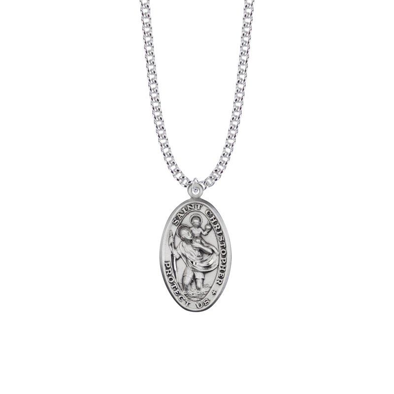 Saint Christopher Sterling Silver Oval Saints Medal - Patron Saint of Travelers, Soldiers and Sailors (Custom engraving available)