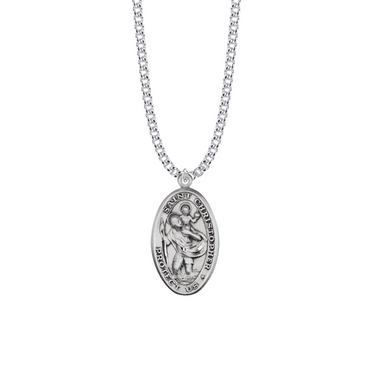Saint Christopher Sterling Silver Oval Saints Medal - Patron Saint of Travelers, Soldiers and Sailors (Custom engraving available)