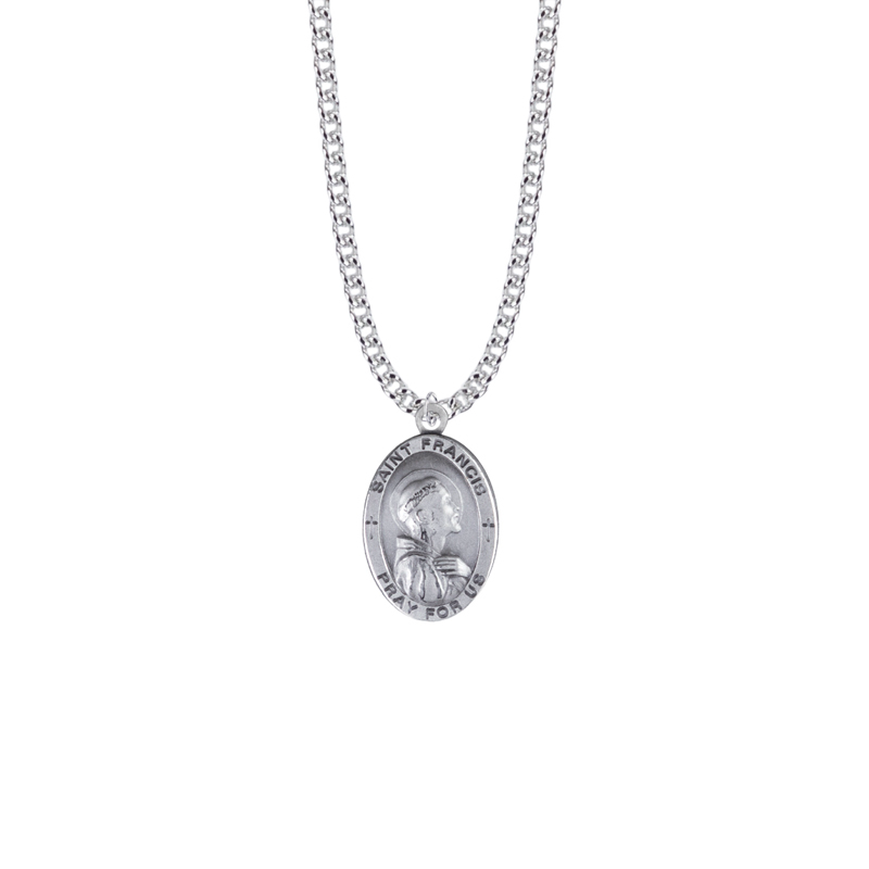 Saint Francis of Assisi - Sterling Silver Oval Saints Medal Necklace - Patron Saint of Animals and the Environment (Custom engraving available)