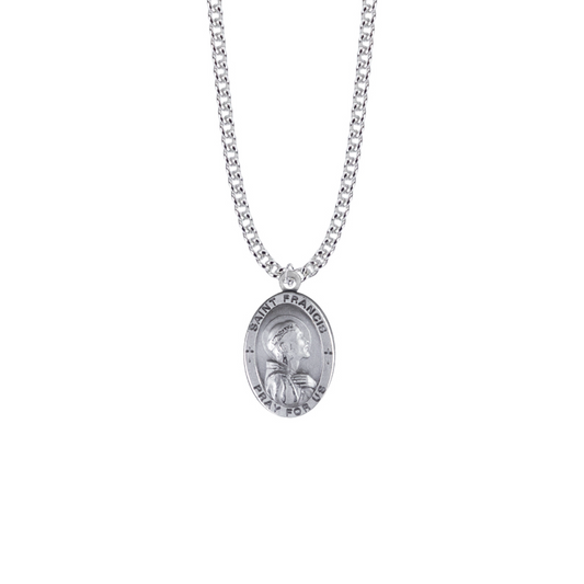 Saint Francis of Assisi - Sterling Silver Oval Saints Medal Necklace - Patron Saint of Animals and the Environment (Custom engraving available)